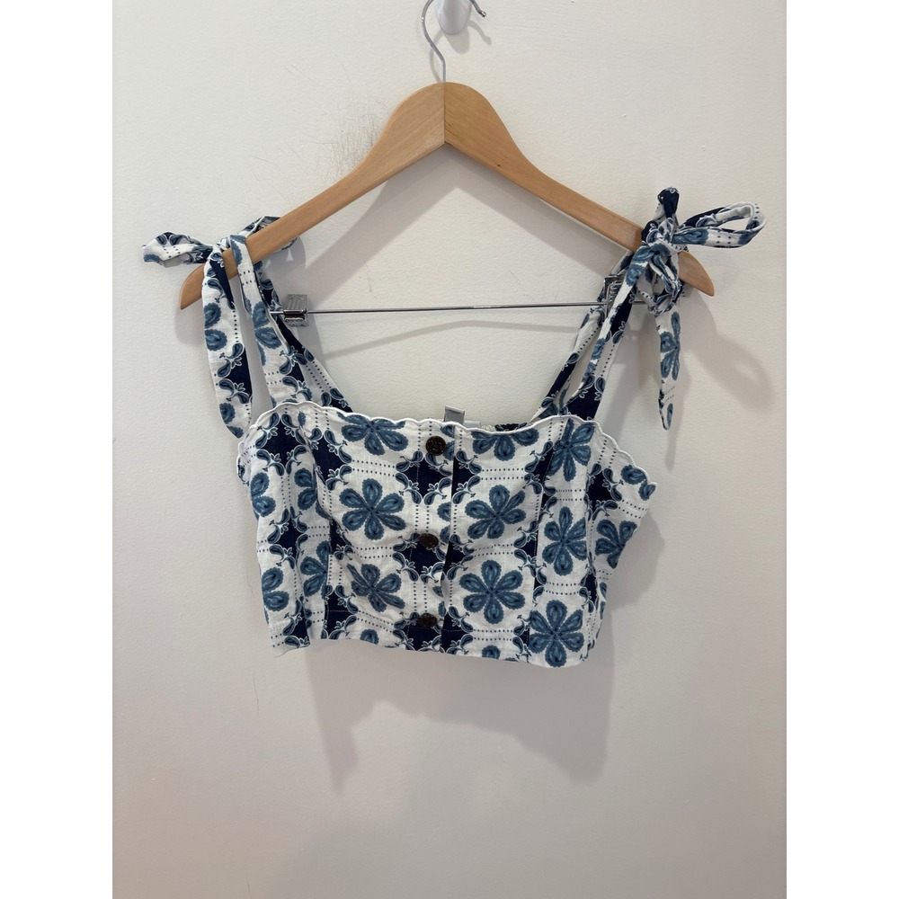 Agua Bendita x Target Blue White Floral Eyelet Smocked Crop Top Tie Strap Large